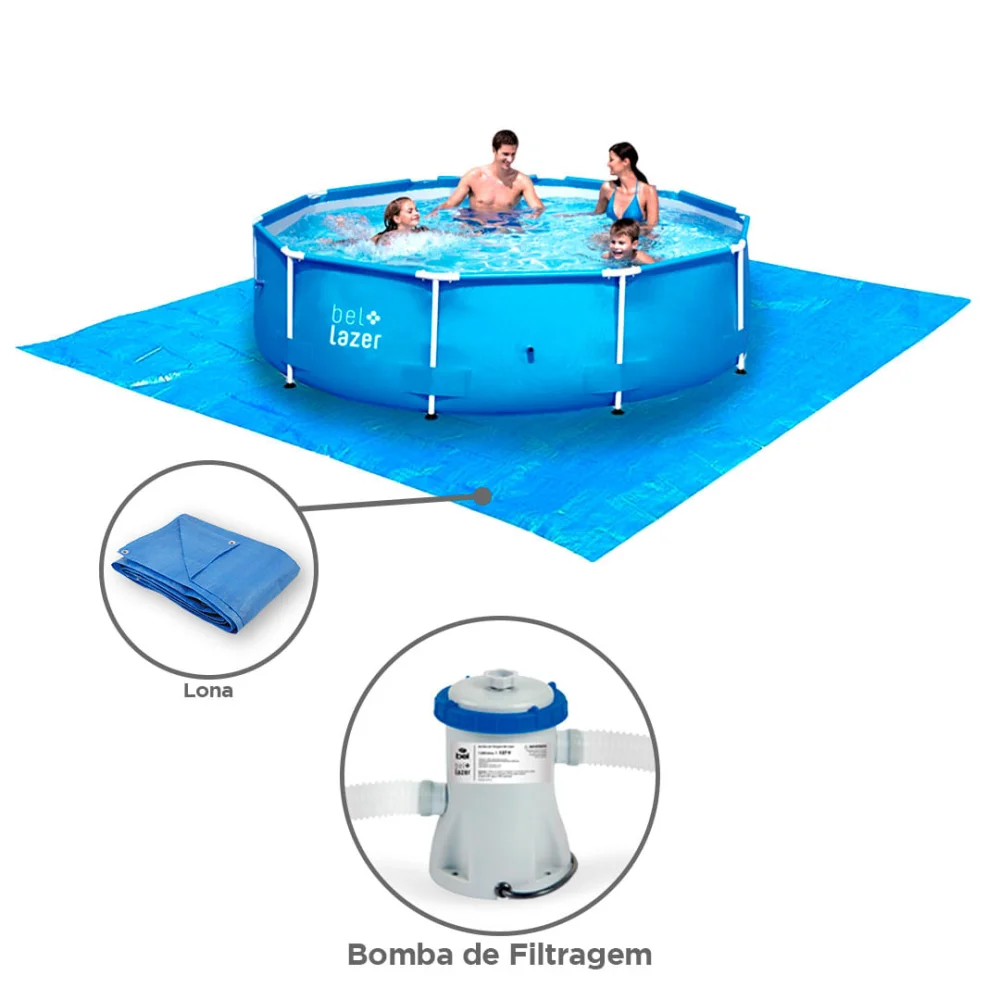 Kit Piscina de Armação 510000 Belfix e Lona e Bomba de Filtragem 1250 L por Hora