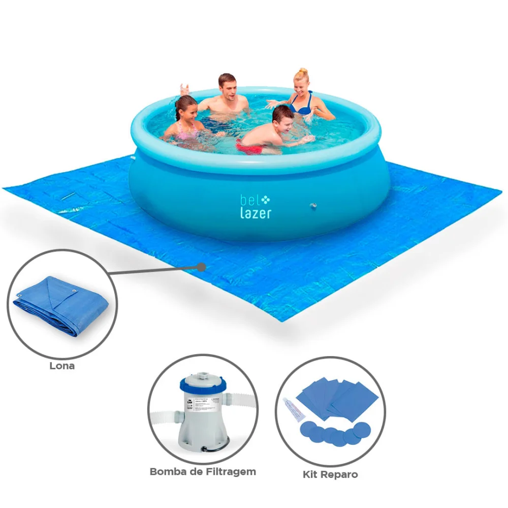 Kit Piscina Inflável 2300L 100800 e Lona 4m 68000 e Bomba de Filtragem Belfix