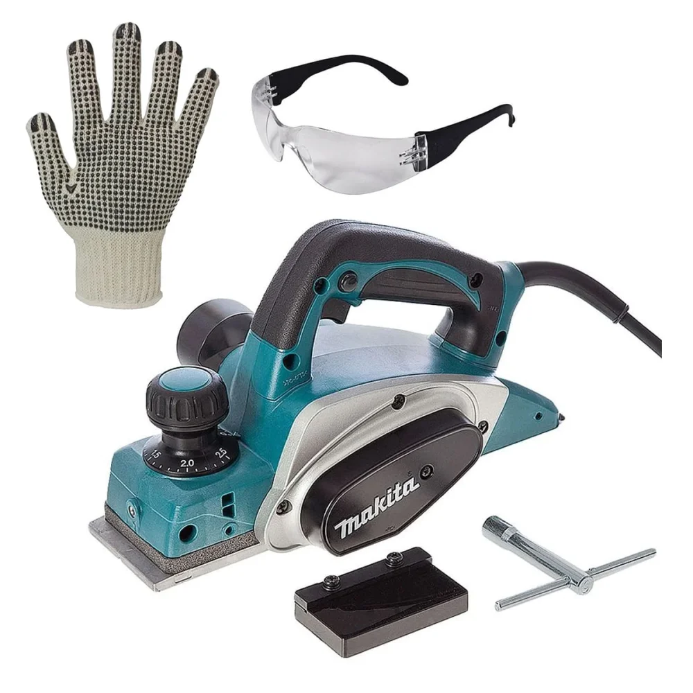 kit Plaina Elétrica 82mm KP0800 Makita e Óculos de Segurança e Luva de Proteção