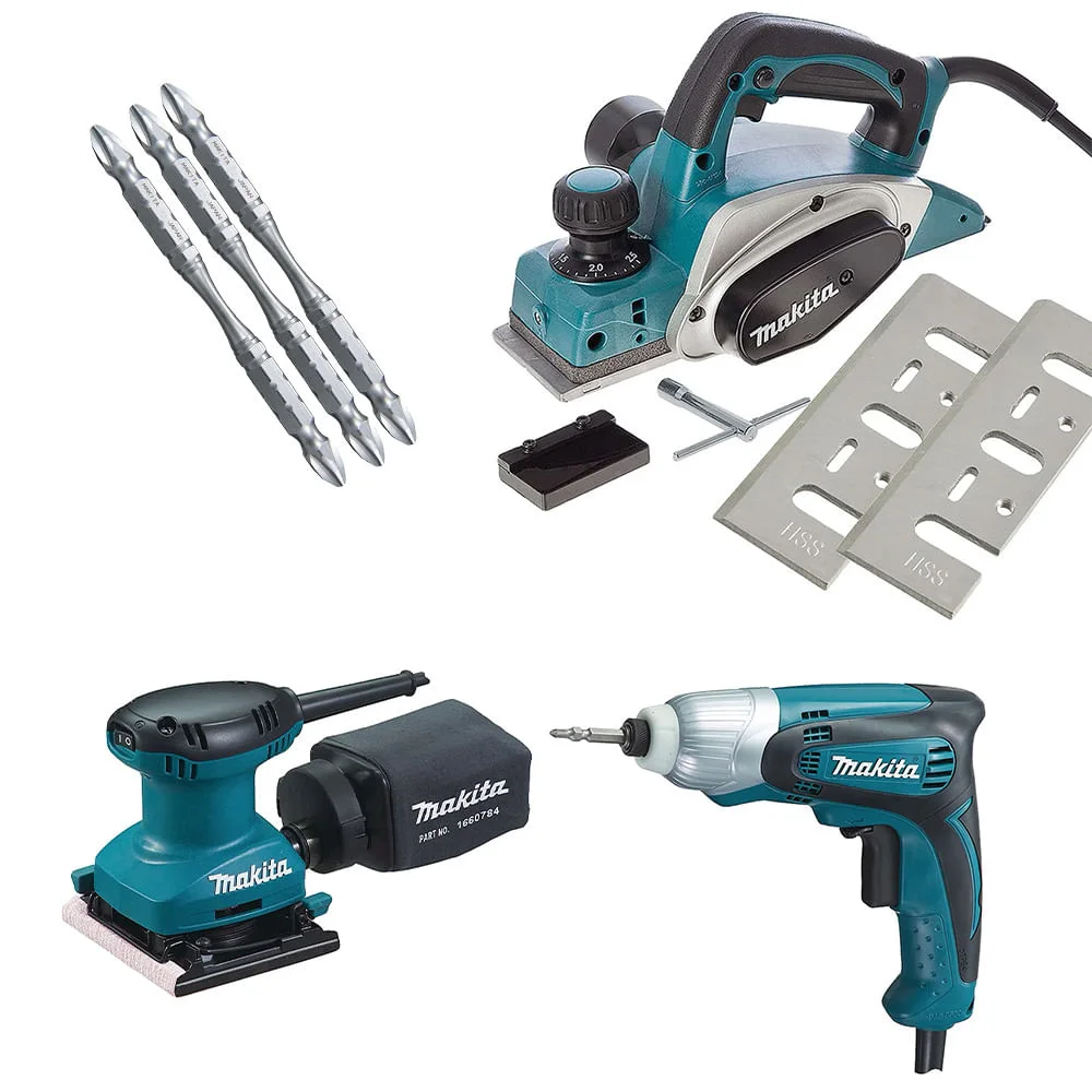 Kit Plaina KP0800 e Lixadeira BO4557 e Parafusadeira TD0100 e 3 Bits Makita
