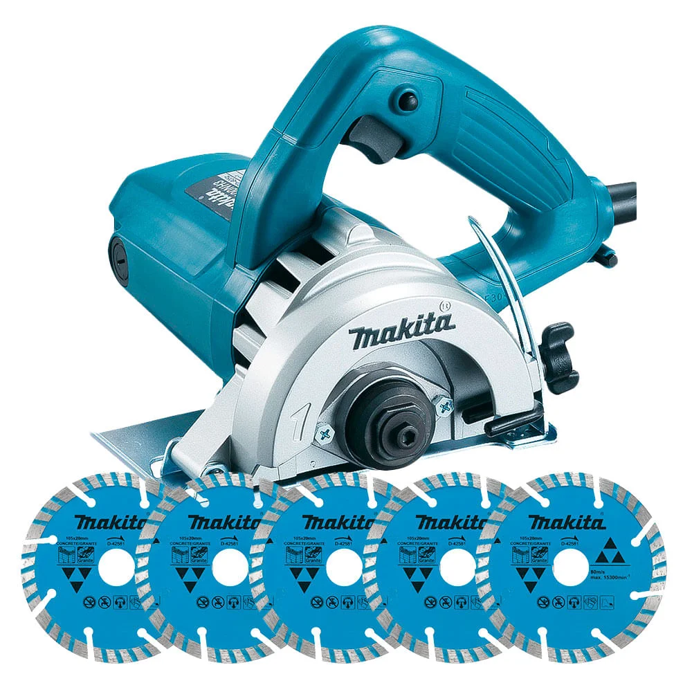 Kit Serra Mármore 110mm 1300 Watts 4100NH3Z Makita e 5 Discos Diamantado 110 Volts