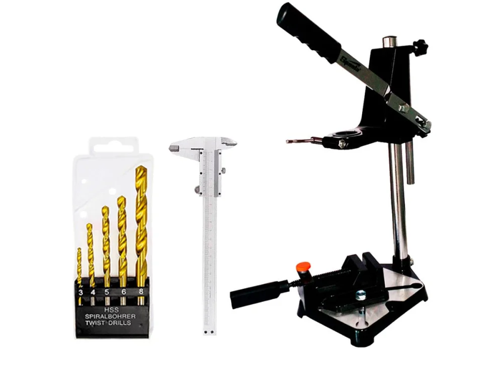 Kit Suporte para Furadeira com Morsa 9340555 e Paquímetro e 5 Brocas para Metal