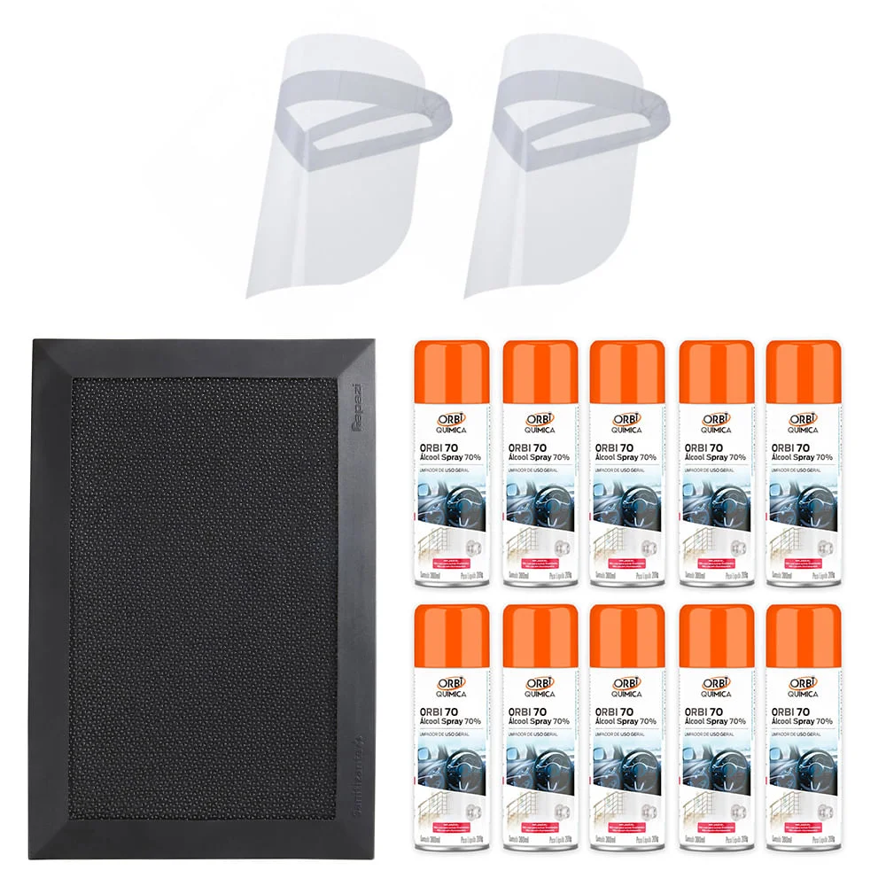 Kit Tapete Sanitizante 38x58cm 10Álcool Spray 70°300ml 2Máscaras Protetor Facial