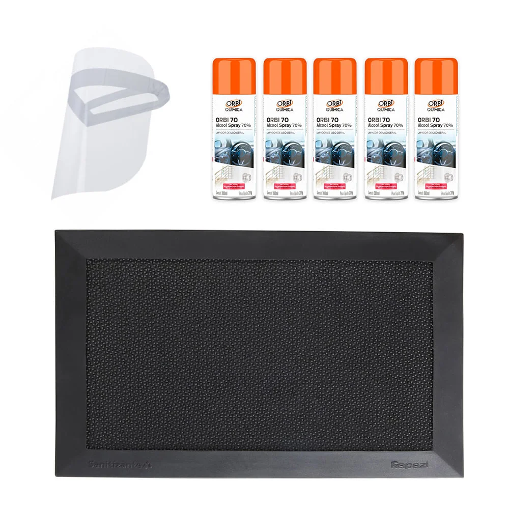 Kit Tapete Sanitizante38x58cm e 5Álcool Spray 70°300ml e Máscara Protetor Facial
