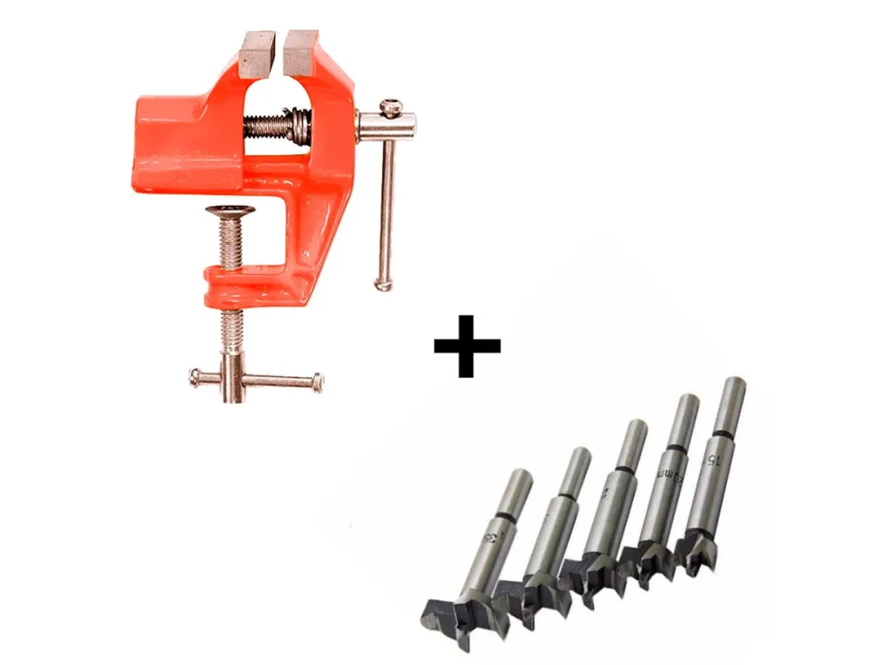 Kit Torno Morsa de Bancada 75mm e Broca Forstner para Madeira de 10 à 35mm