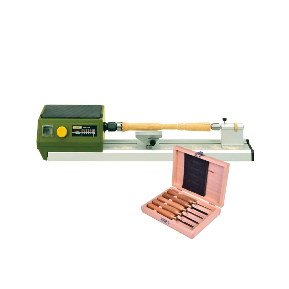 Kit Torno Para Madeira DB250 27020 Proxxon e 5 Formões para Goiva 28572 220 Volts