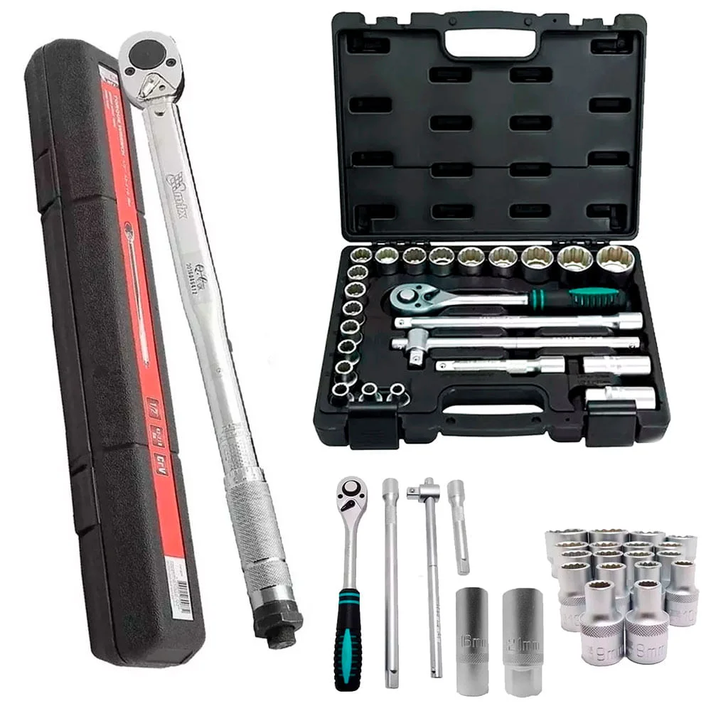 Kit Torquímetro 1/2 Pol CRV Cromado e Jogo de Soquetes Chave Catraca 24 Peç