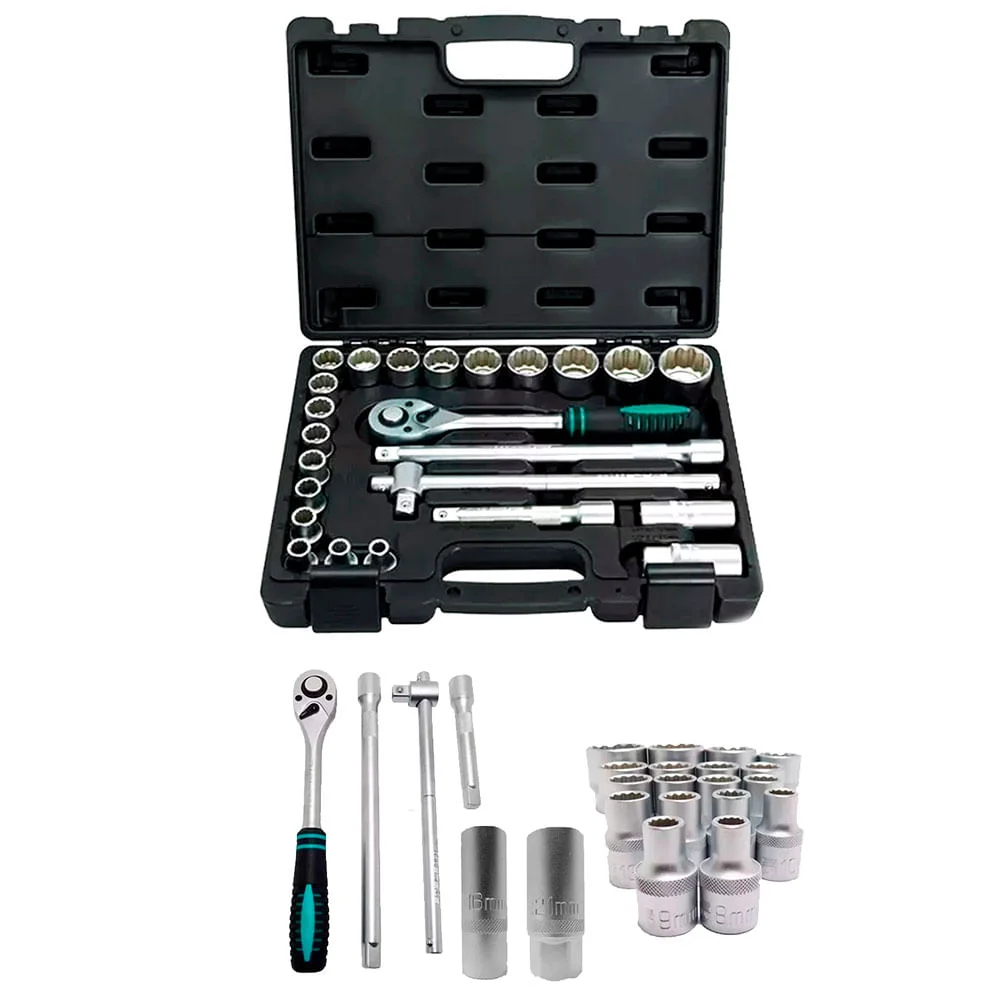 Kit Torquímetro 1/2 Pol CRV Cromado e Jogo de Soquetes Chave Catraca 24 Peç