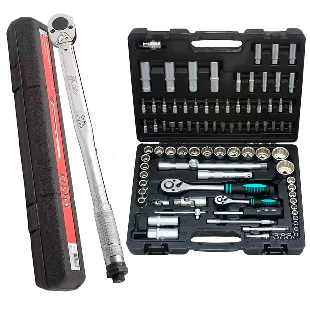 Kit Torquímetro 1/2 Pol CRV Cromado e Jogo de Soquetes Chave Catraca 94 Peç