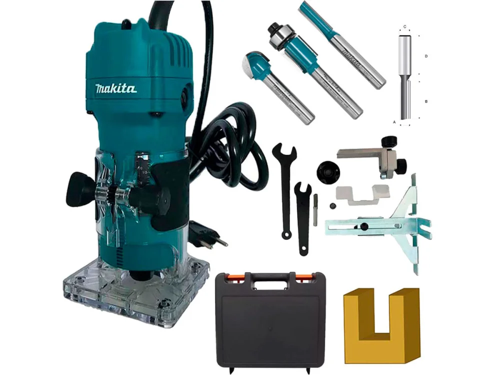 Kit Tupia 6mm 530 Watts 3709 Makita e Conjunto de Fresas e Maleta de Ferramentas