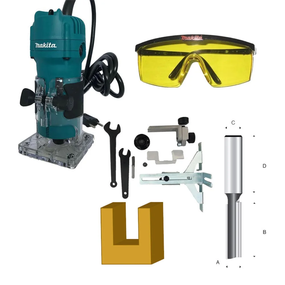 Kit Tupia 6mm 530 Watts 3709 Makita e Fresa Paralela Dupla e Óculos de Segurança