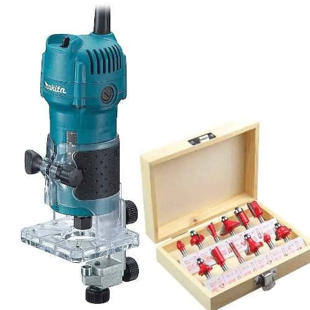 Kit Tupia 6mm 530 Watts 3709 Makita e Jogo de 12 Fresas para Madeira 220 Volts