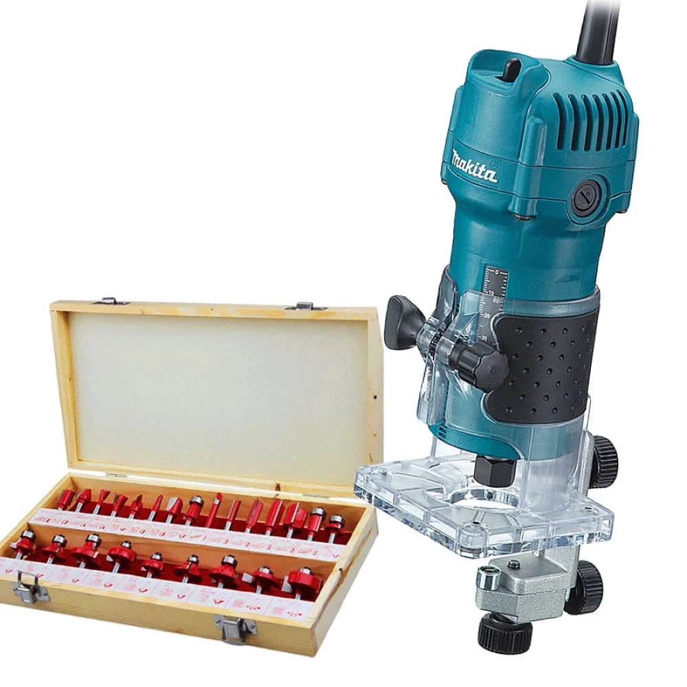 Kit Tupia 6mm 530 Watts 3709 Makita e Jogo de 24 Fresas para Madeira 110 Volts