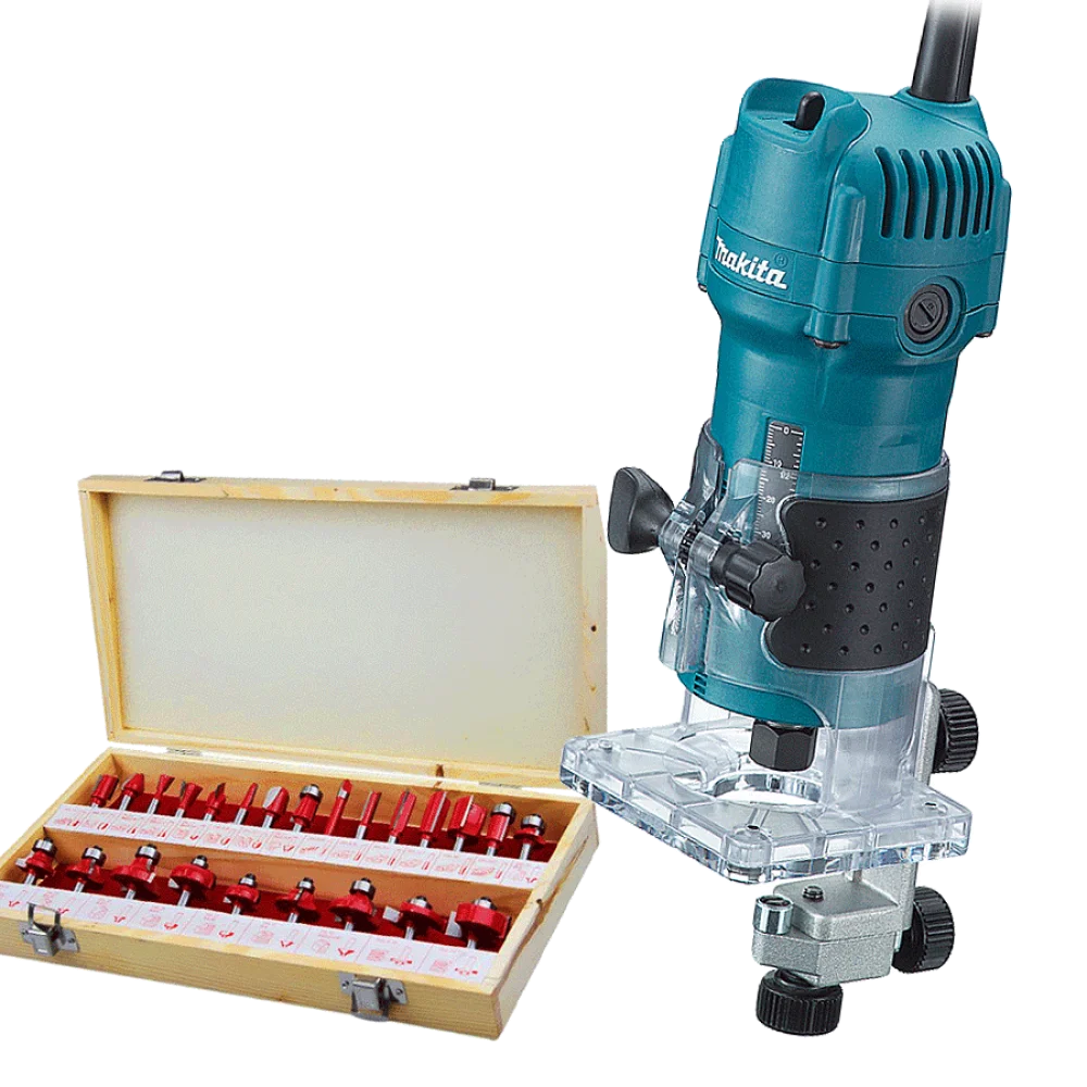 Kit Tupia 6mm 530 Watts 3709 Makita e Jogo de 24 Fresas para Madeira 220 Volts