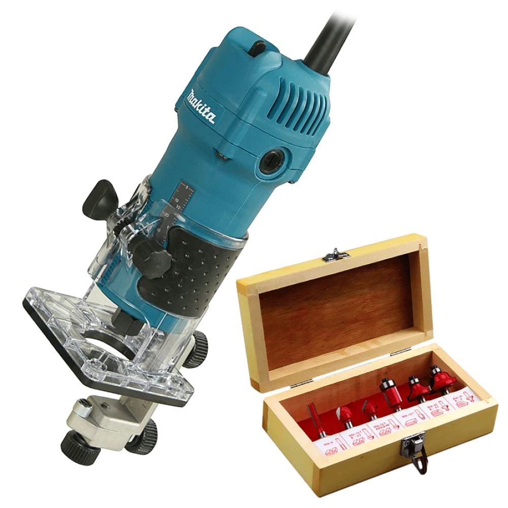 Kit Tupia 6mm 530 Watts 3709 Makita e Jogo de 6 Fresas para Madeira 110 Volts