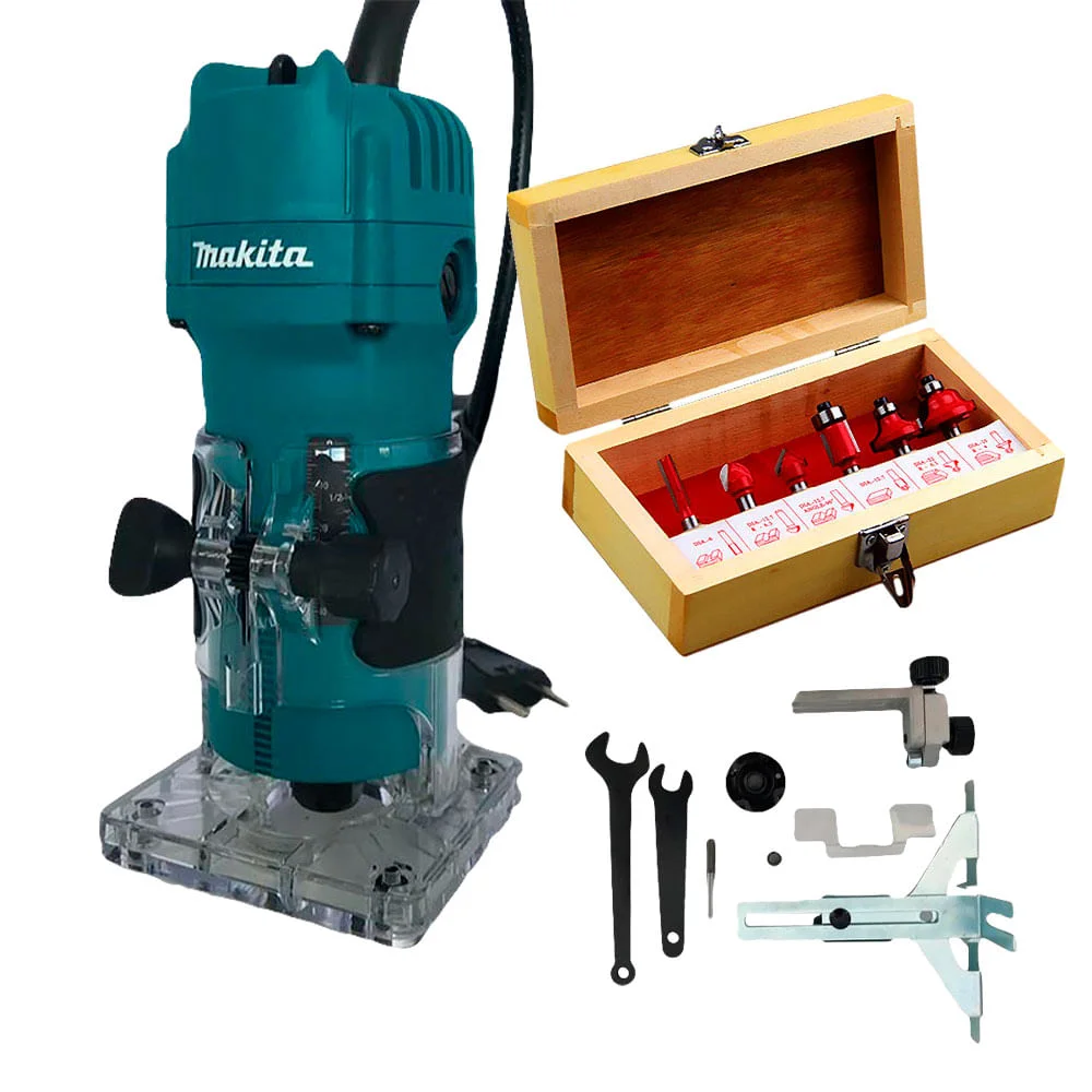 Kit Tupia 6mm 530 Watts 3709 P Makita e Kit de 6 Fresas para Madeira 110 Volts