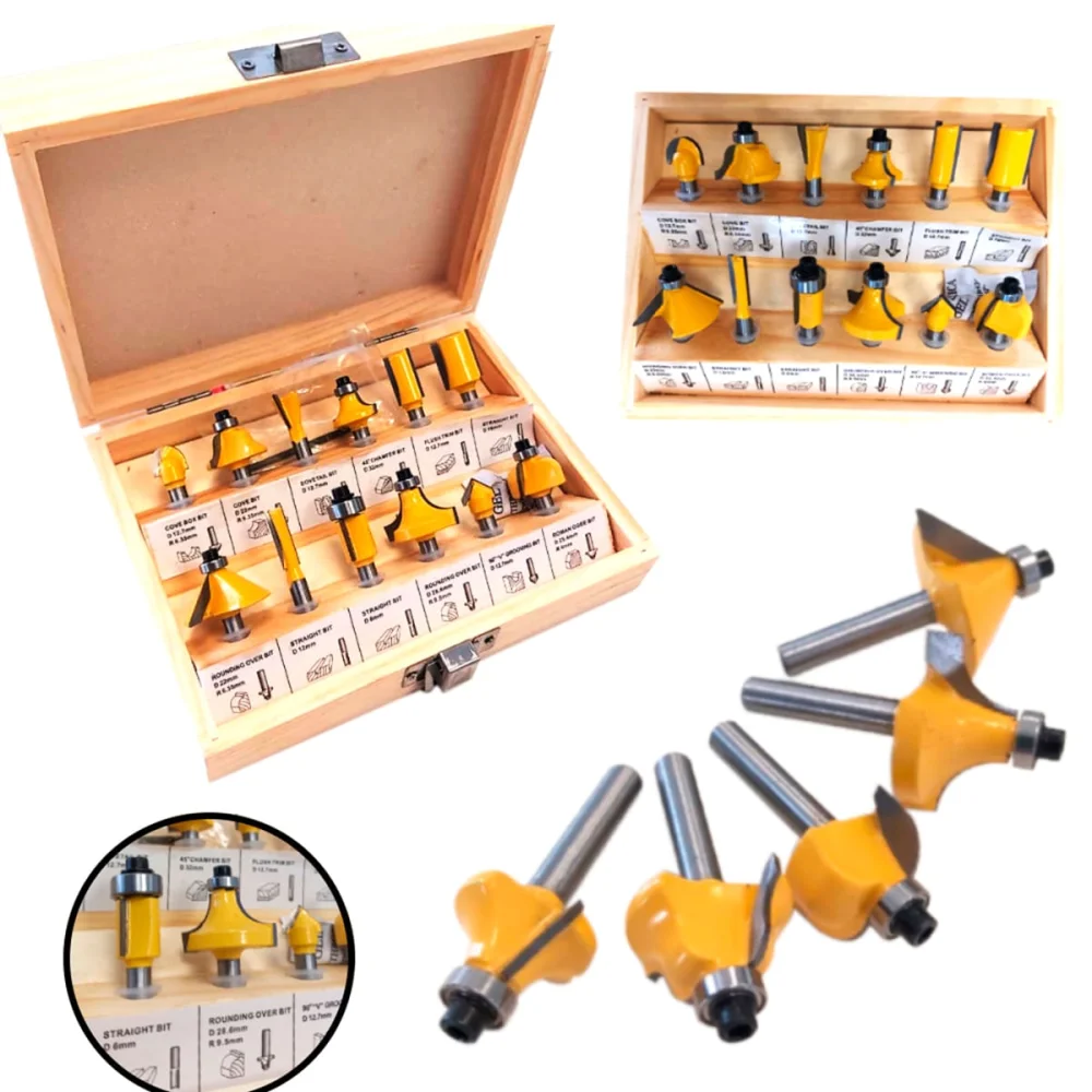 Kit Tupia 6mm 530W 3709 Makita e Conjunto de 12 Fresas para Madeira NKF e Maleta