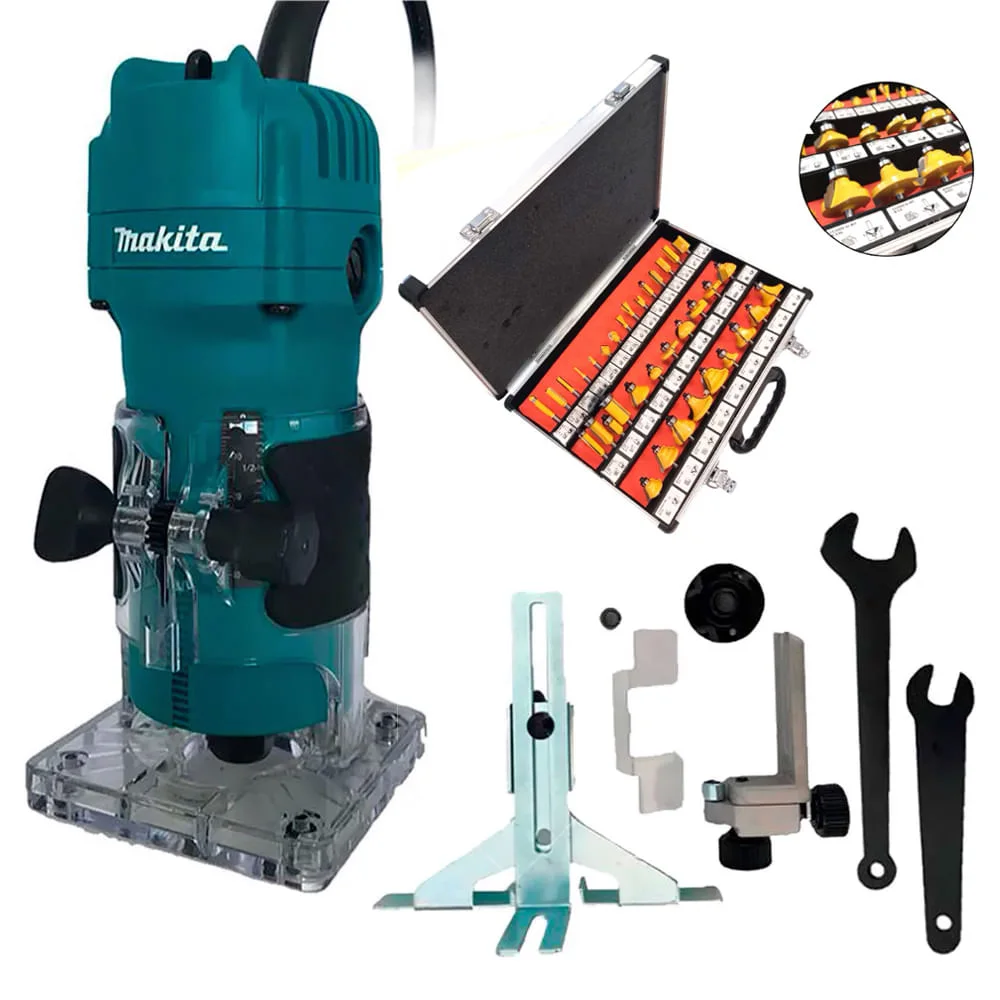 Kit Tupia 6mm 530W 3709 Makita e Jogo de Fresas para Madeira 6mm 35 Peç NKF