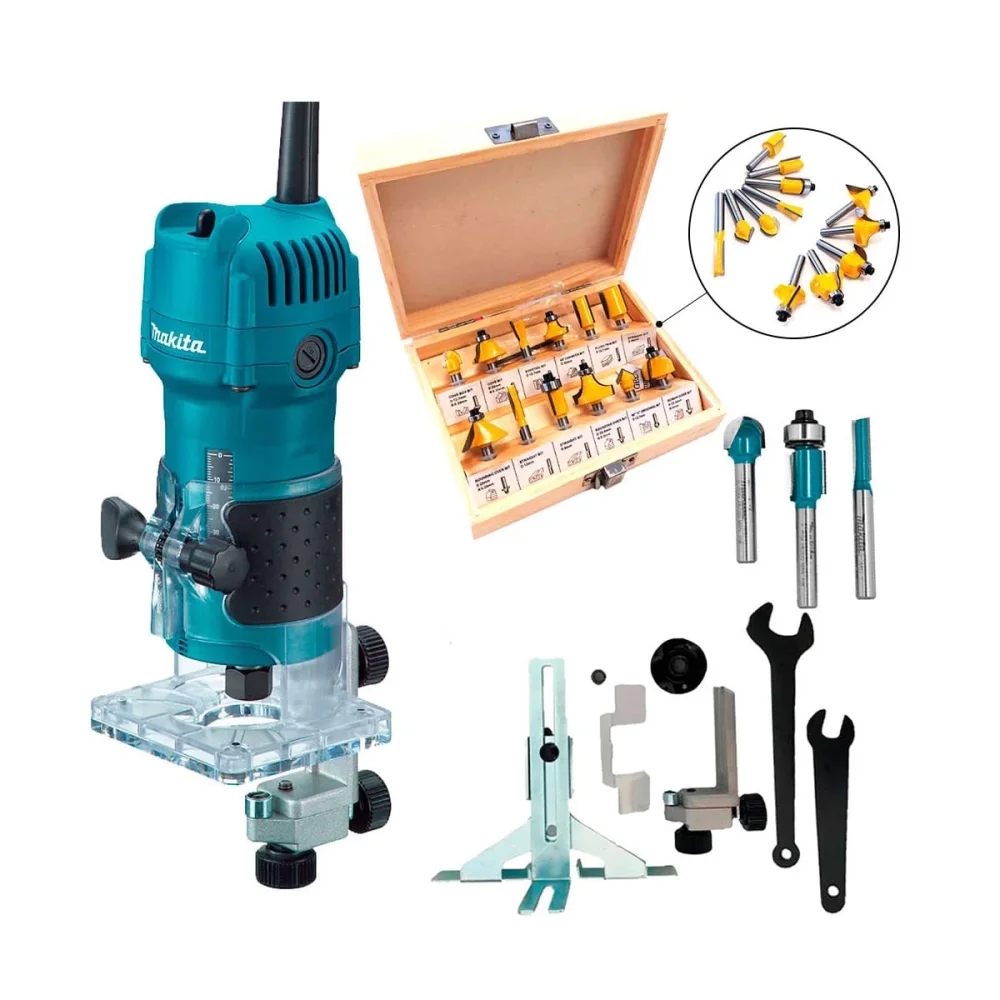 Kit Tupia 6mm 530W 3709 -P Makita e Jogo 3 Fresas e Jogo 12 Fresas