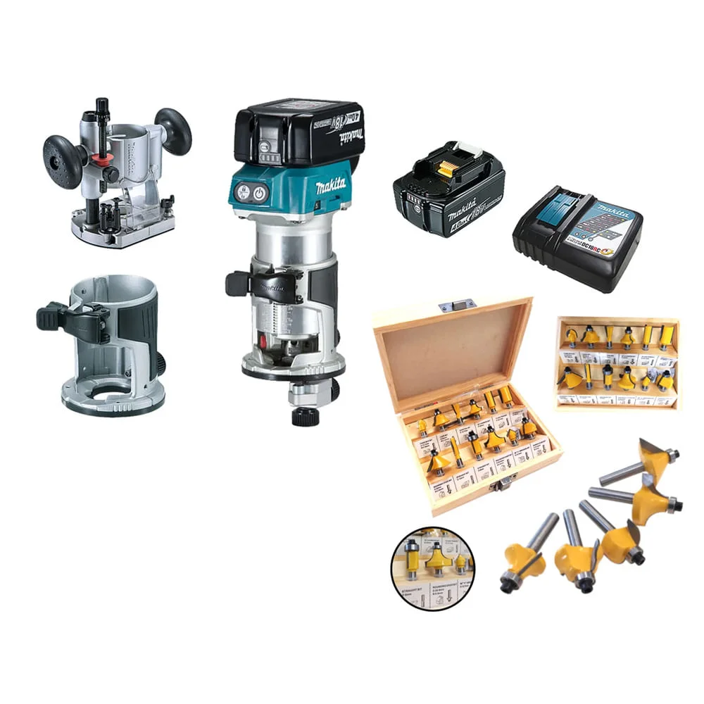 Kit Tupia à Bateria DRT50RMJX2 Makita e Conjunto Fresas para Madeira NKF 12 pçs