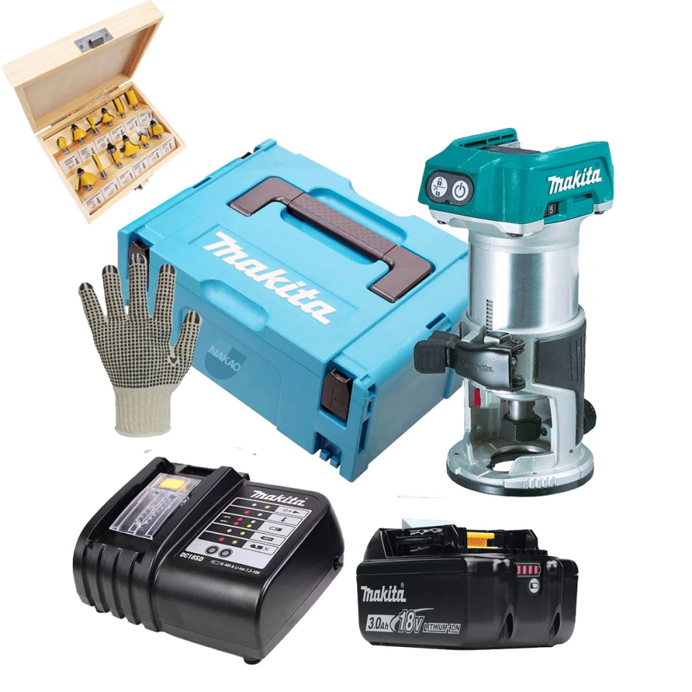 Kit Tupia à Bateria DRT50Z Makita e Bateria e Carregador e Maleta e 12 Fresas