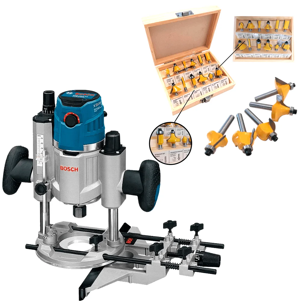 Kit Tupia com Base Imersão 1600 Watts Bosch e Jogo de Fresas para Madeira NKF