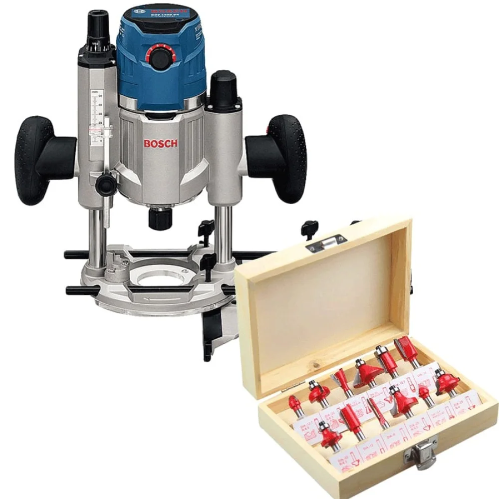 Kit Tupia com Base Imersão GOF 1600 CE Bosch e Conjunto de 12 Fresas para Madeira