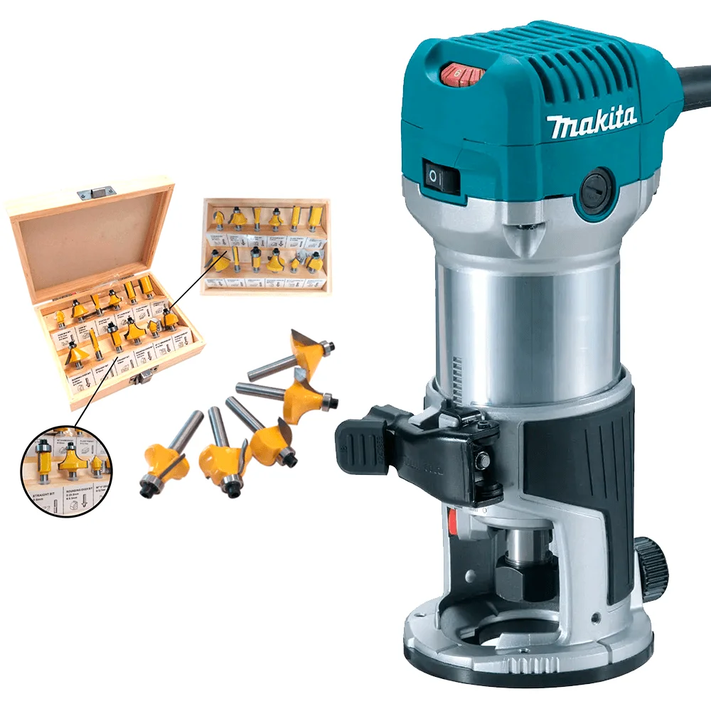 Kit Tupia com Bases 6mm 710 Watts Makita e Conjunto de Fresas para Madeira NKF
