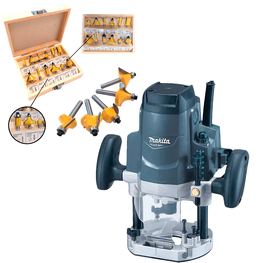 Kit Tupia de Coluna 12mm 1.650 Watts M3600G Makita e 12 Fresas para Madeira NKF