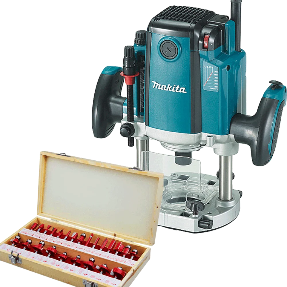 Kit Tupia de Coluna 12mm 1650W RP2301FC Makita + Kit de 24 Fresas para Madeira 1/4 - 110 Volts