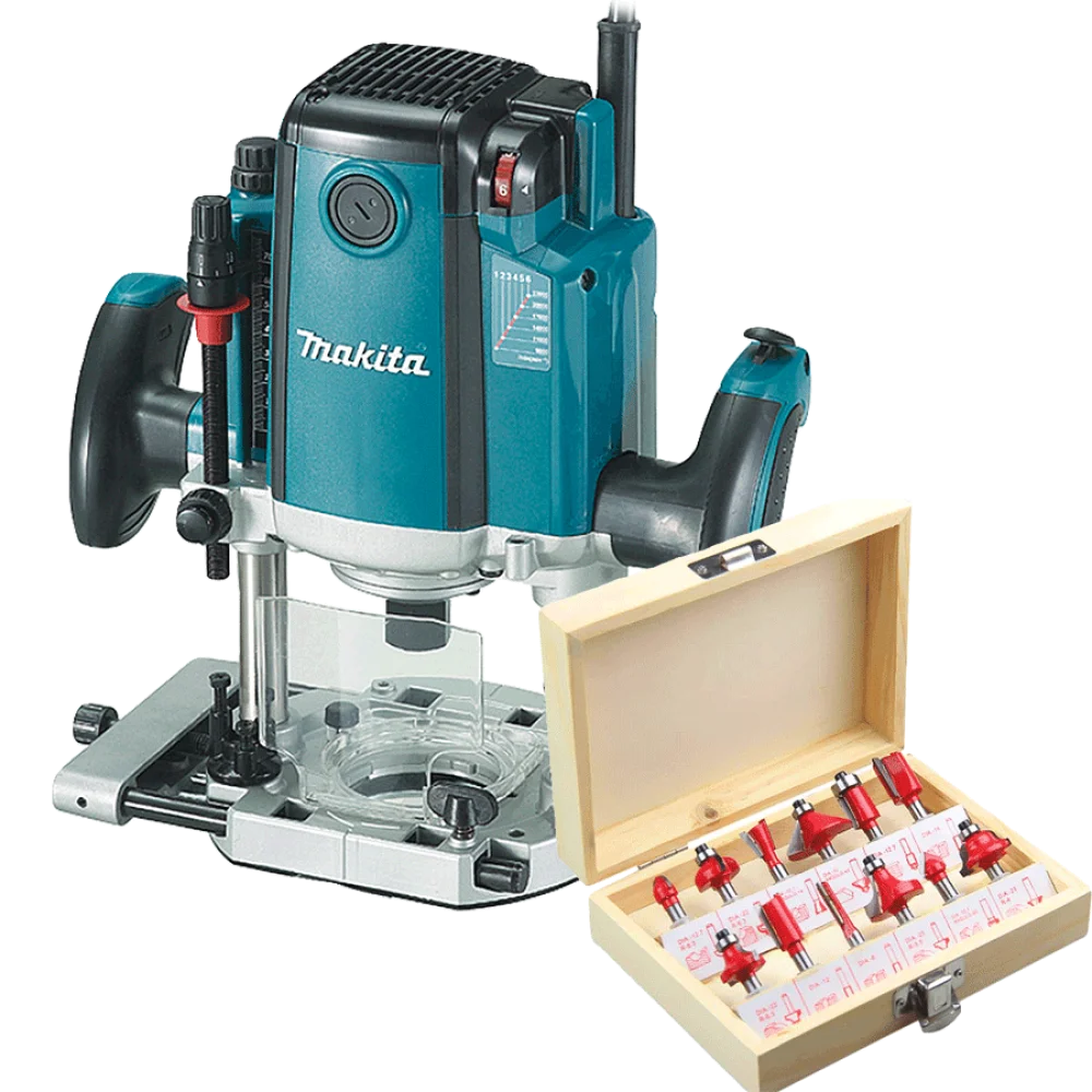 Kit Tupia de Coluna 12mm RP2301FC Makita e Conjunto de 12 Fresas para Madeira 220 Volts