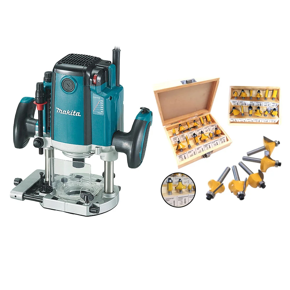 Kit Tupia de Coluna RP2301FC Makita e Jogo Fresas para Madeira NKF 12 peç