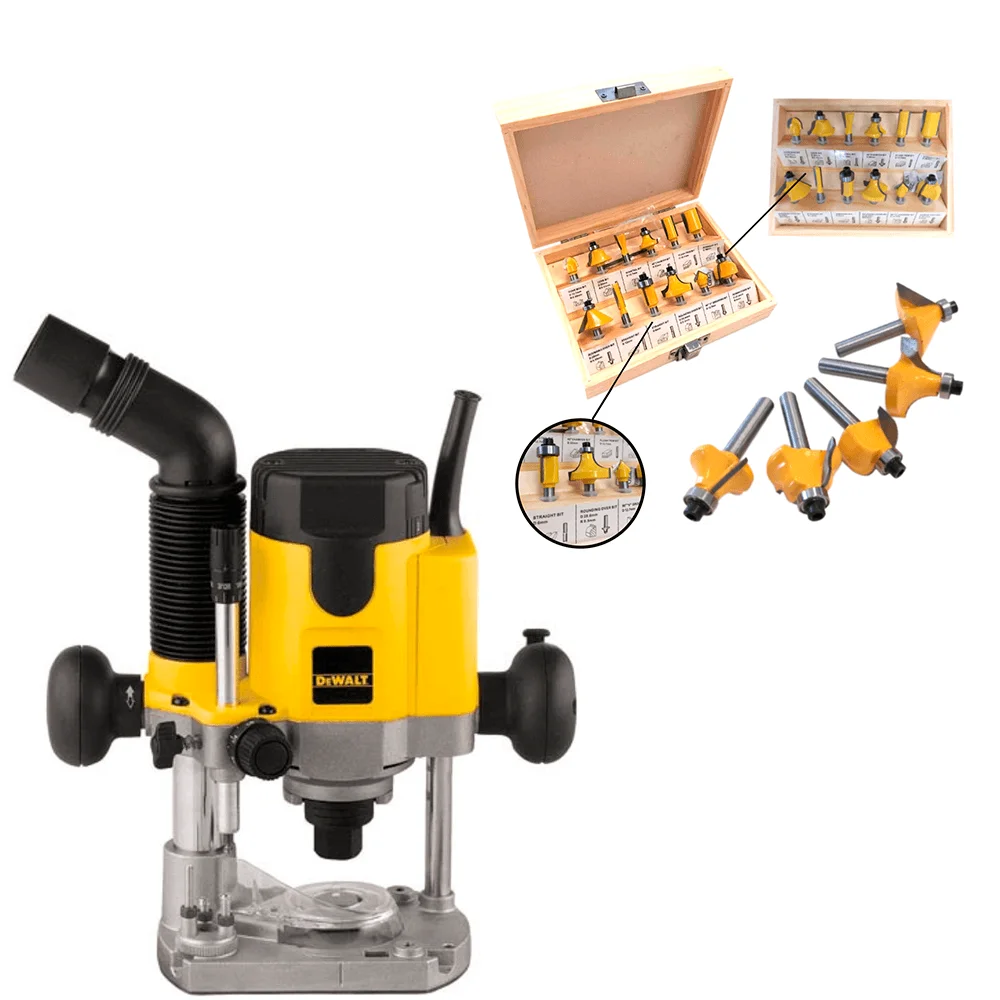 Kit Tupia Eletrônica Base Ajustável DeWalt e Conjunto de Fresas para Madeira NKF