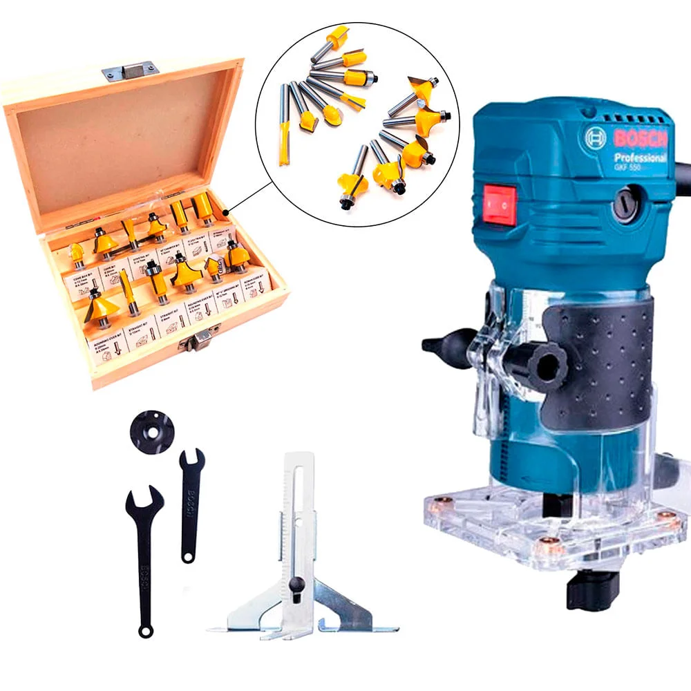 Kit Tupia GKF 550 Watts Profissional Bosch e Cj de Fresas para Madeira NKF
