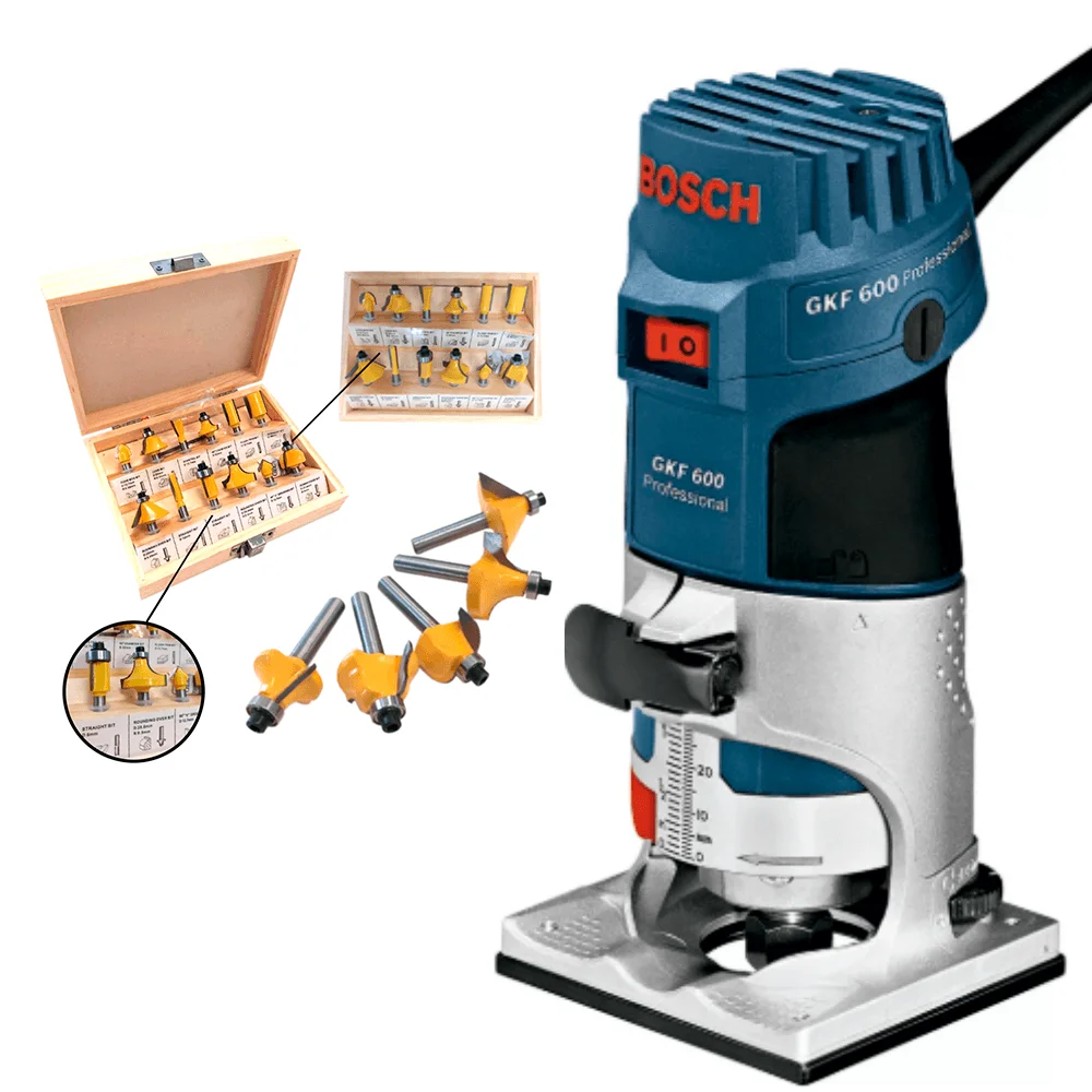 Kit Tupia Laminadora 1/4 Pol 600W Bosch e Conjunto de Fresas para Madeira NKF
