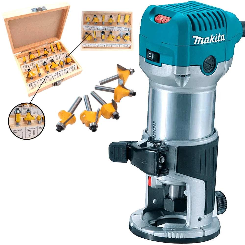 Kit Tupia Laminadora 6mm 710W RT0700C Makita e Jogo de Fresas para Madeira NKF