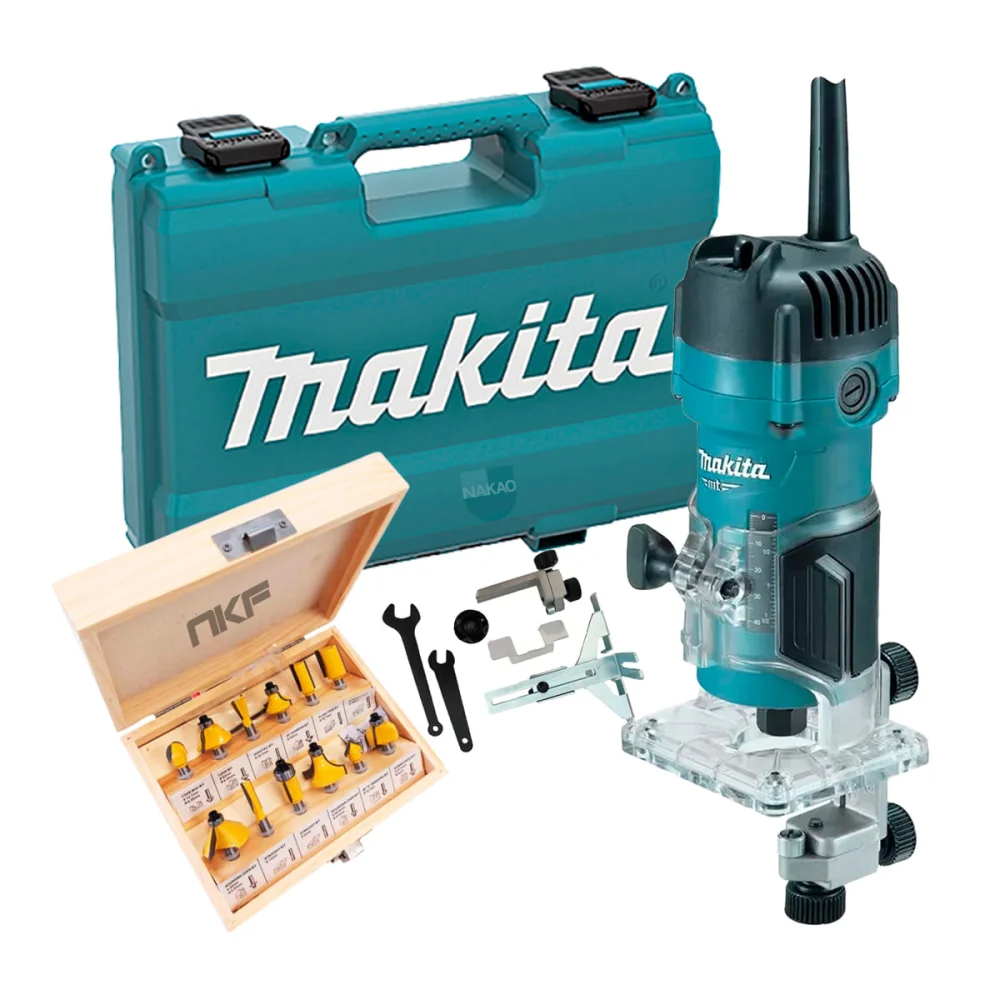 Kit Tupia Manual 6mm 530 Watts M3700B Makita e Conjunto de 12 Fresas e Maleta