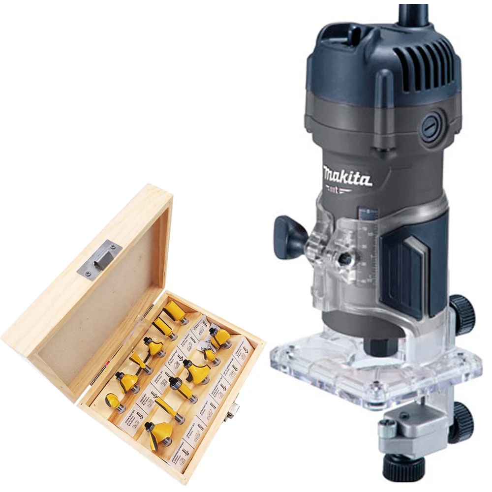 Kit Tupia Manual 6mm 530 Watts M3700G Makita e Cj de Fresas para Madeira 6mm NKF