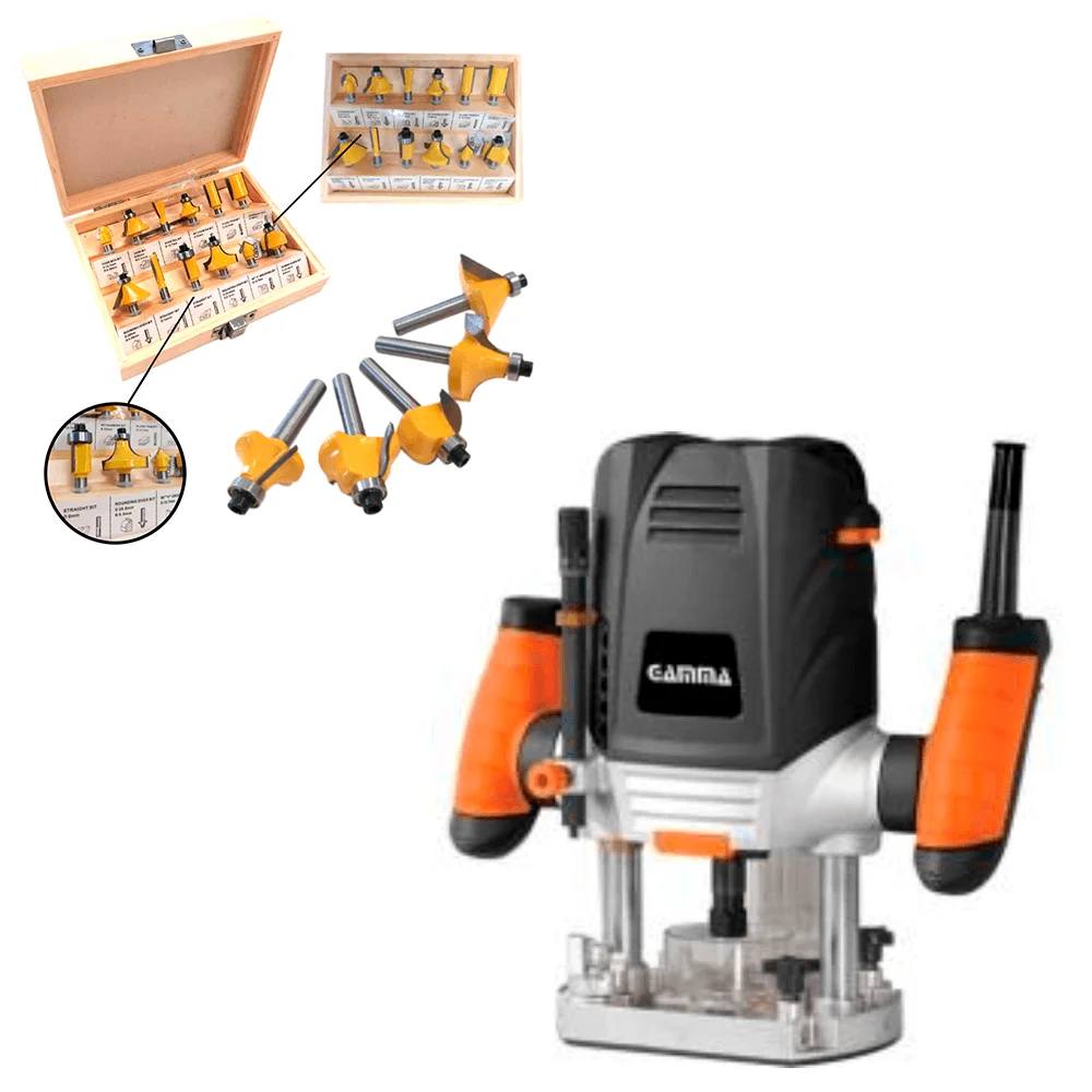 Kit Tupia Router 1020 Watts Gamma e Conjunto de Fresas para Madeira 12 pçs NKF