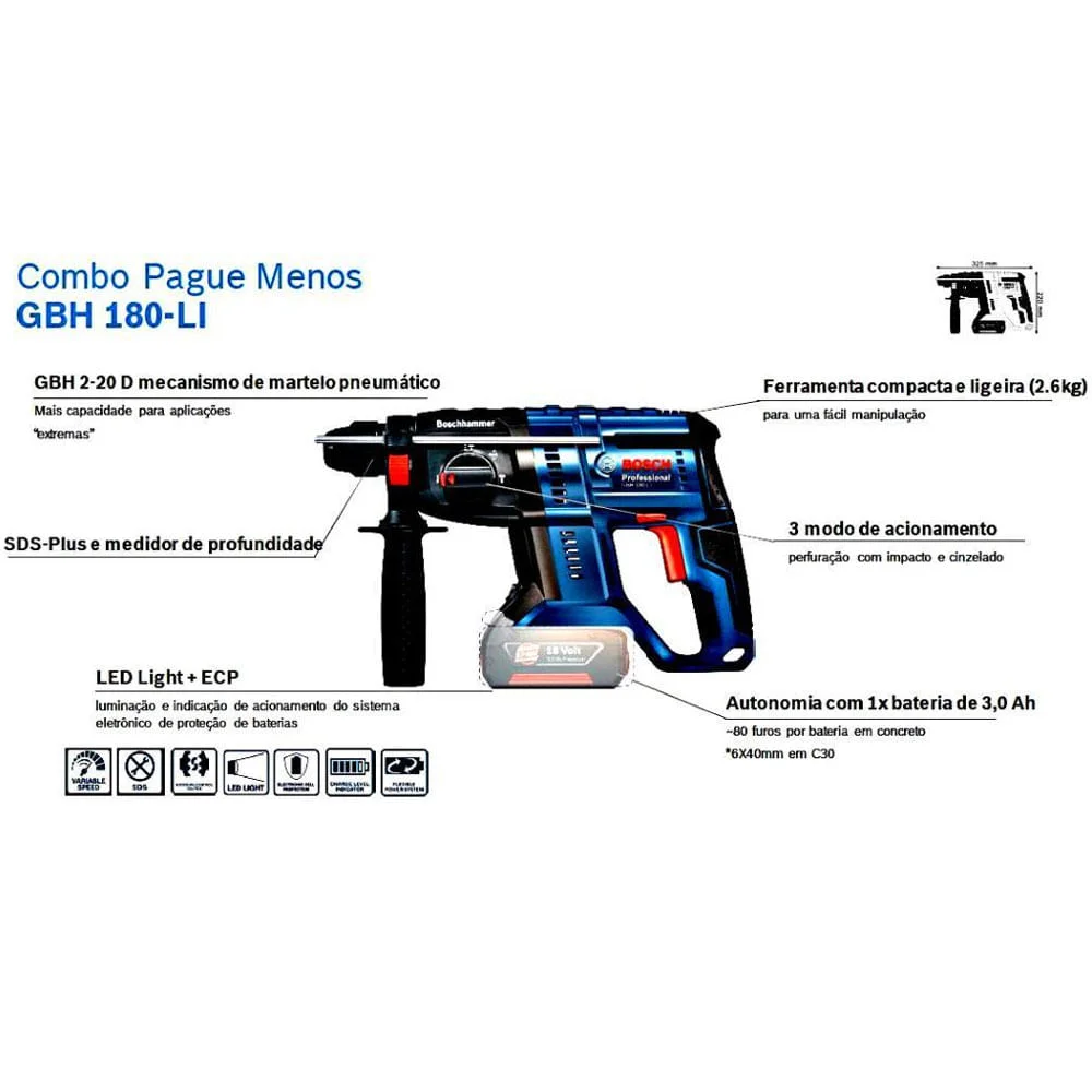 Martelete à BateriaNão acompanha com SDS Plus GBH 180-Li Bosch