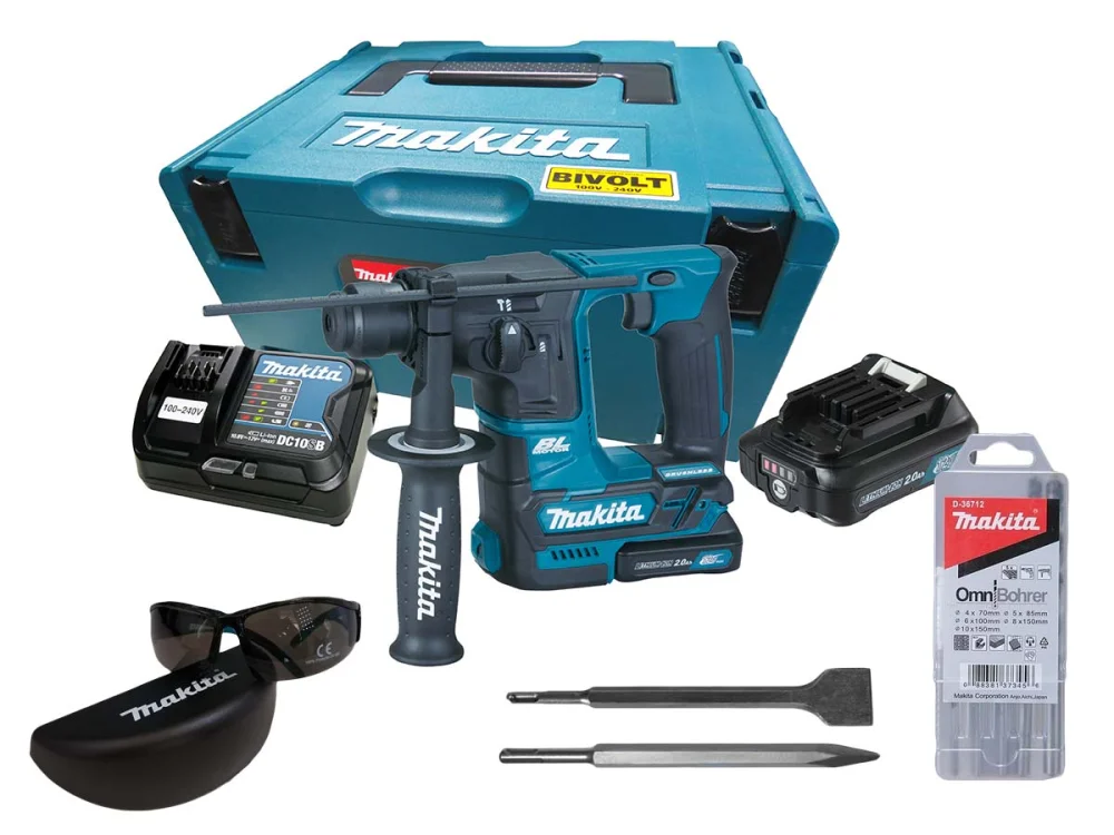 Martelete Rotativo 12V e Óculos Brocas Ponteira Talhadeira HR166DSAJ P Makita