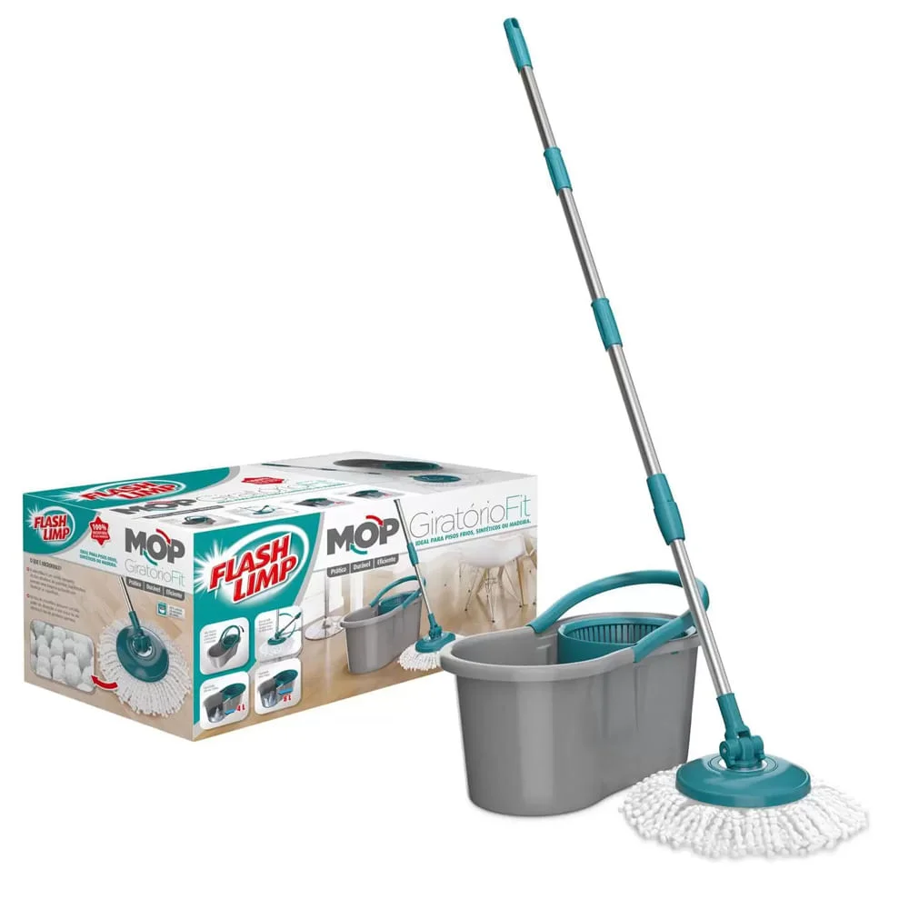 Mop Giratorio Flash Limp Fit 360 Spin Extensível 1,28m Microfibra 1Refil e Balde