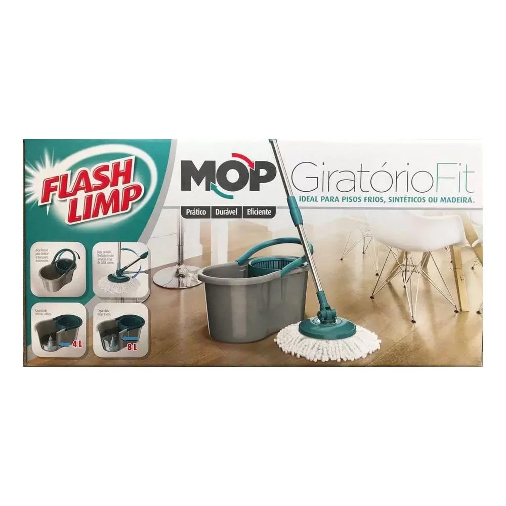Mop Giratorio Flash Limp Fit 360 Spin Extensível 1,28m Microfibra 1Refil e Balde