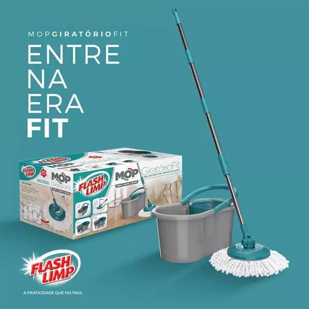 Mop Giratorio Flash Limp Fit 360 Spin Extensível 1,28m Microfibra 1Refil e Balde