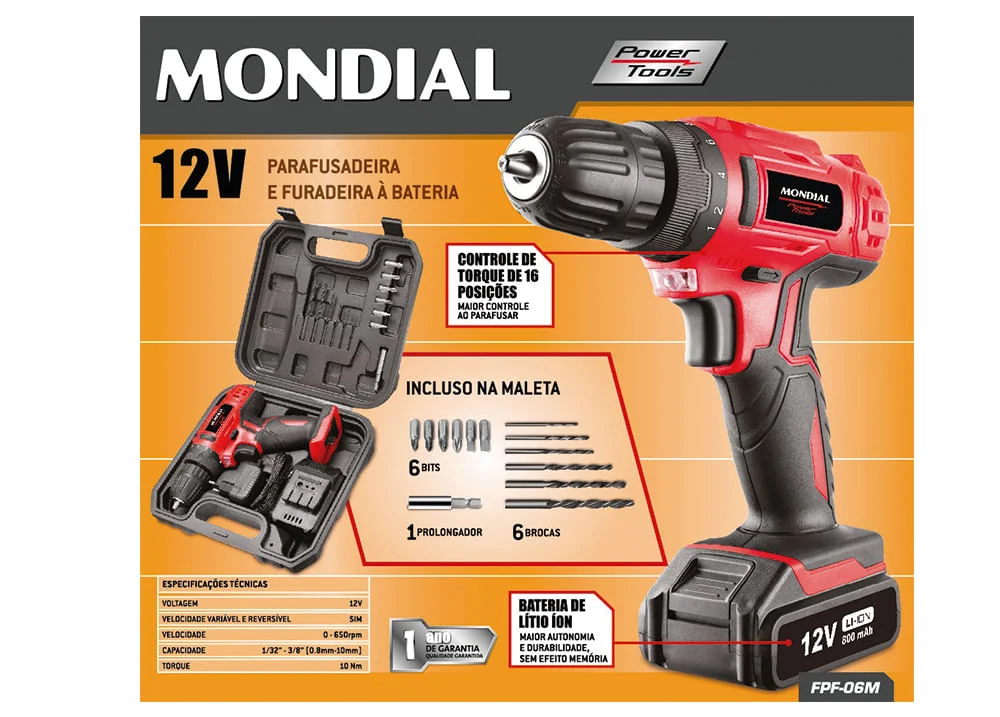 Parafusadeira e Furadeira à Bateria 12V FPF-06M Mondial