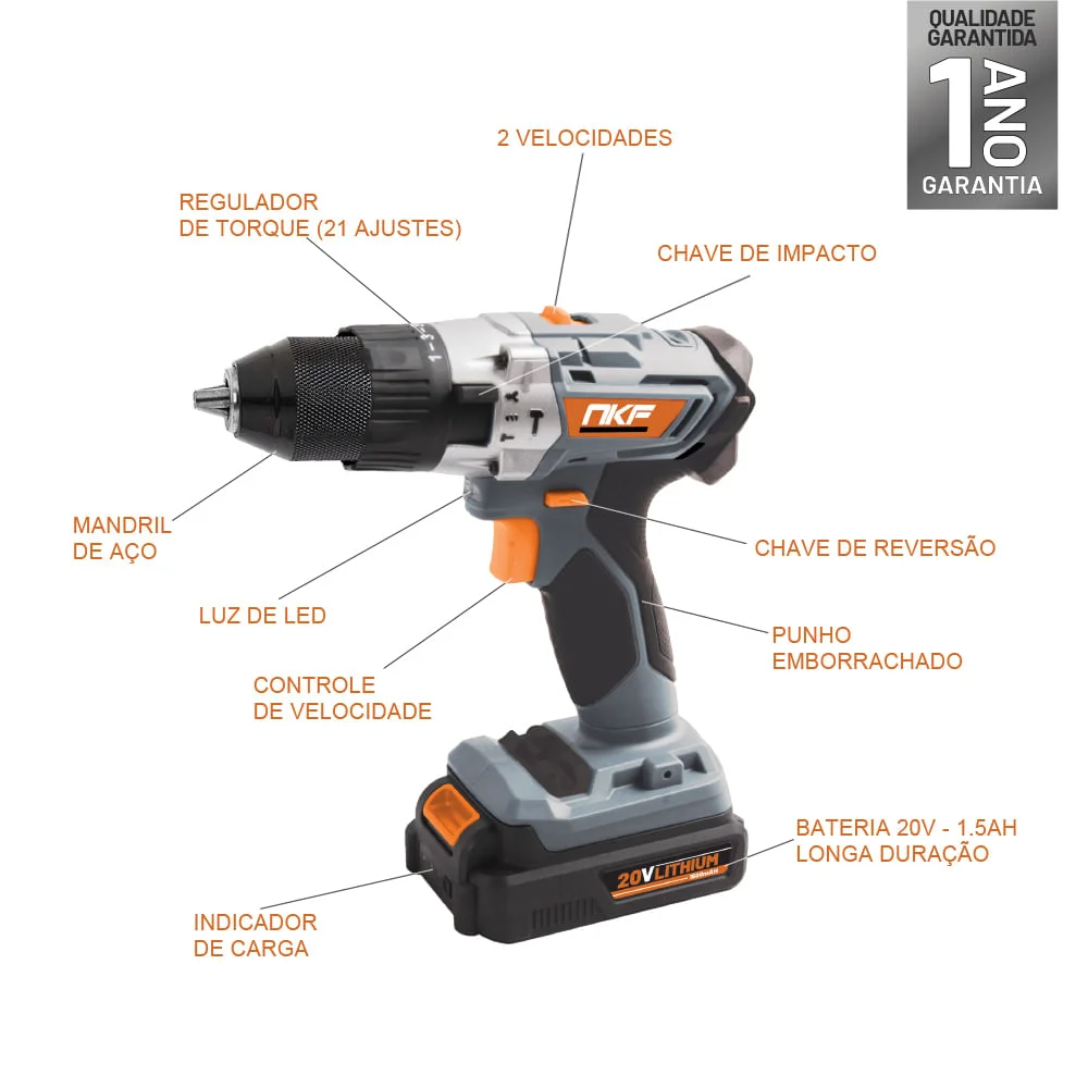 Parafusadeira e Furadeira de Impacto à Bateria com 1 Bateria 20V FP20X NKF