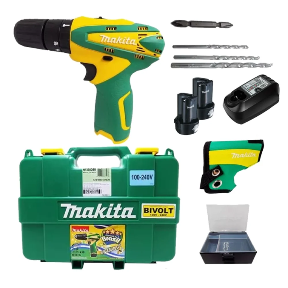 Parafusadeira Furadeira de Impacto 2 Baterias Maleta Acessórios HP330DBR Makita Bivolt