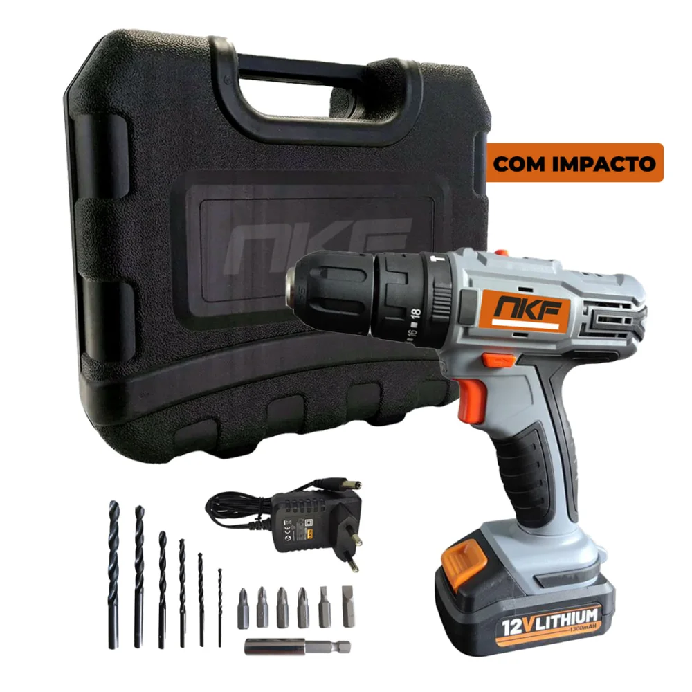 Parafusadeira Furadeira de Impacto à Bateria 12V e 13 Acessórios FPI12X NKF