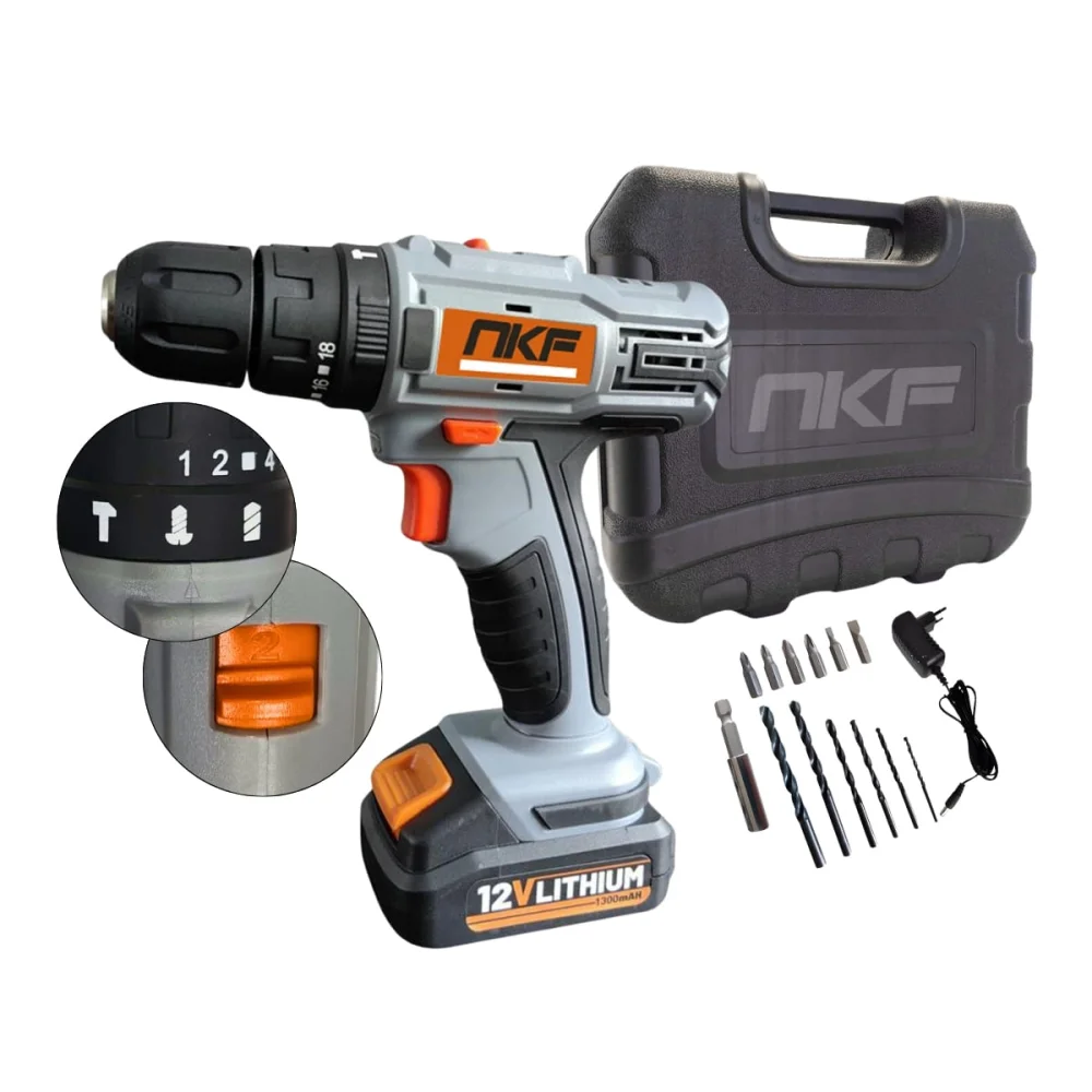 Parafusadeira Furadeira de Impacto à Bateria 12V e 13 Acessórios FPI12X NKF