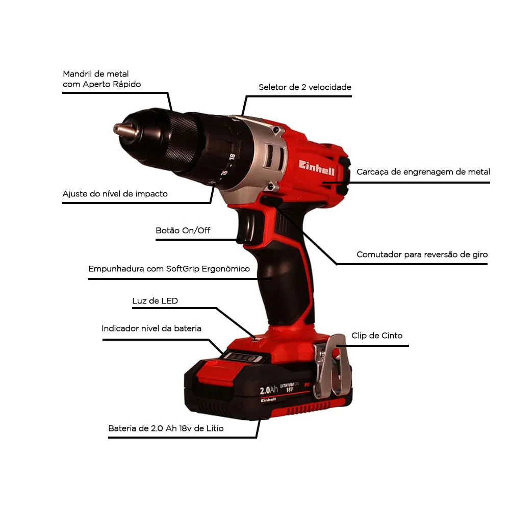 Parafusadeira Furadeira de Impacto à Bateria TE-CD 18/2 LI-I 2B Einhell